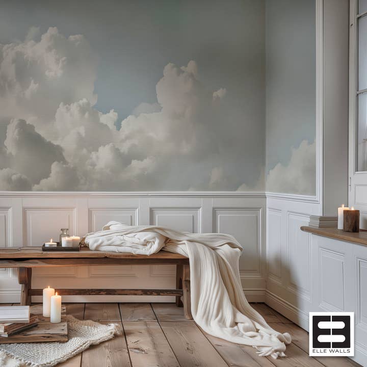 Fresque murale de nuages aquarelle Papier peint moderne en toile adhésive vinyle ou non-tissé pour la vente par ELOISE WORLD STUDIO