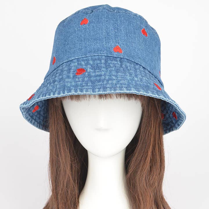 3AM BY H&D ACCESSORIES - Wholesale Bucket Hat - Women's - Denim Heart Embloidery Bucket Hat