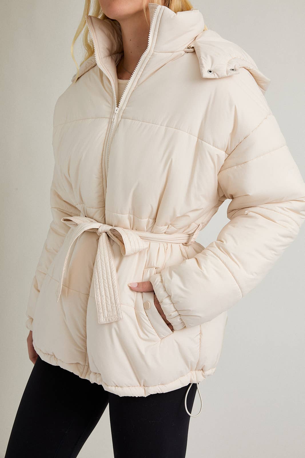 CREAM MID LENGTH PUFFER JACKET WITH REMOVABLE HOOD for wholesale on Faire5