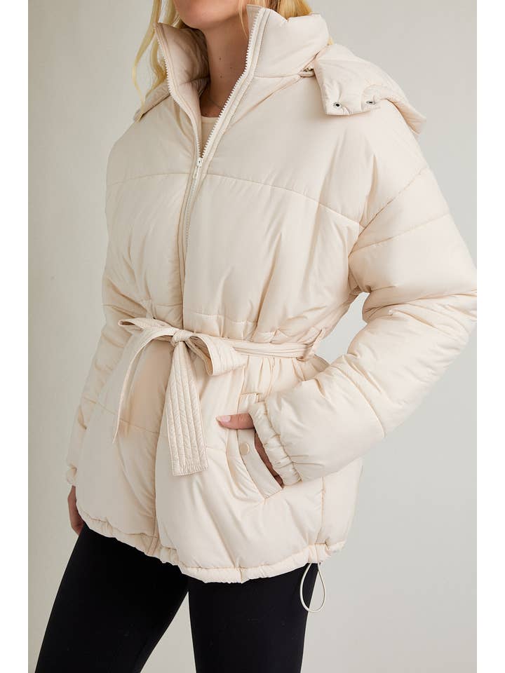 CREAM MID LENGTH PUFFER JACKET WITH REMOVABLE HOOD for wholesale on Faire5