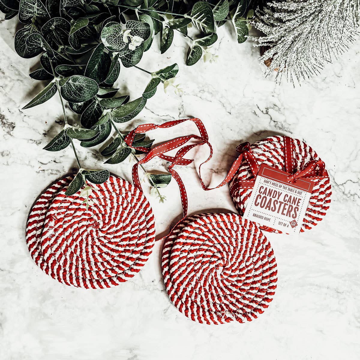 Gia Roma - Wholesale Coasters - Christmas Coasters, Red Candy Cane Braided Cotton Fabric Set28