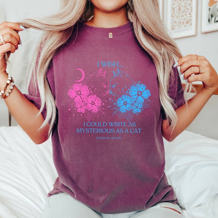 I Wish I Cwish Write Tas Mysterious As A Cat; Camisa Edgar Allan Poe, Camiseta Literária, Presente de Amante de Gato, T-Shirt Cats por atacado de AFAdesignsCo