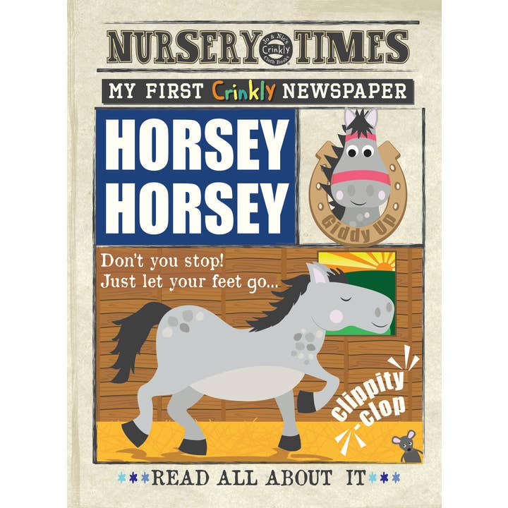 NEW: Nursery Times Crinkly Newspaper - Horsey Horsey for wholesale by Jo & Nic's Crinkly Cloth Books