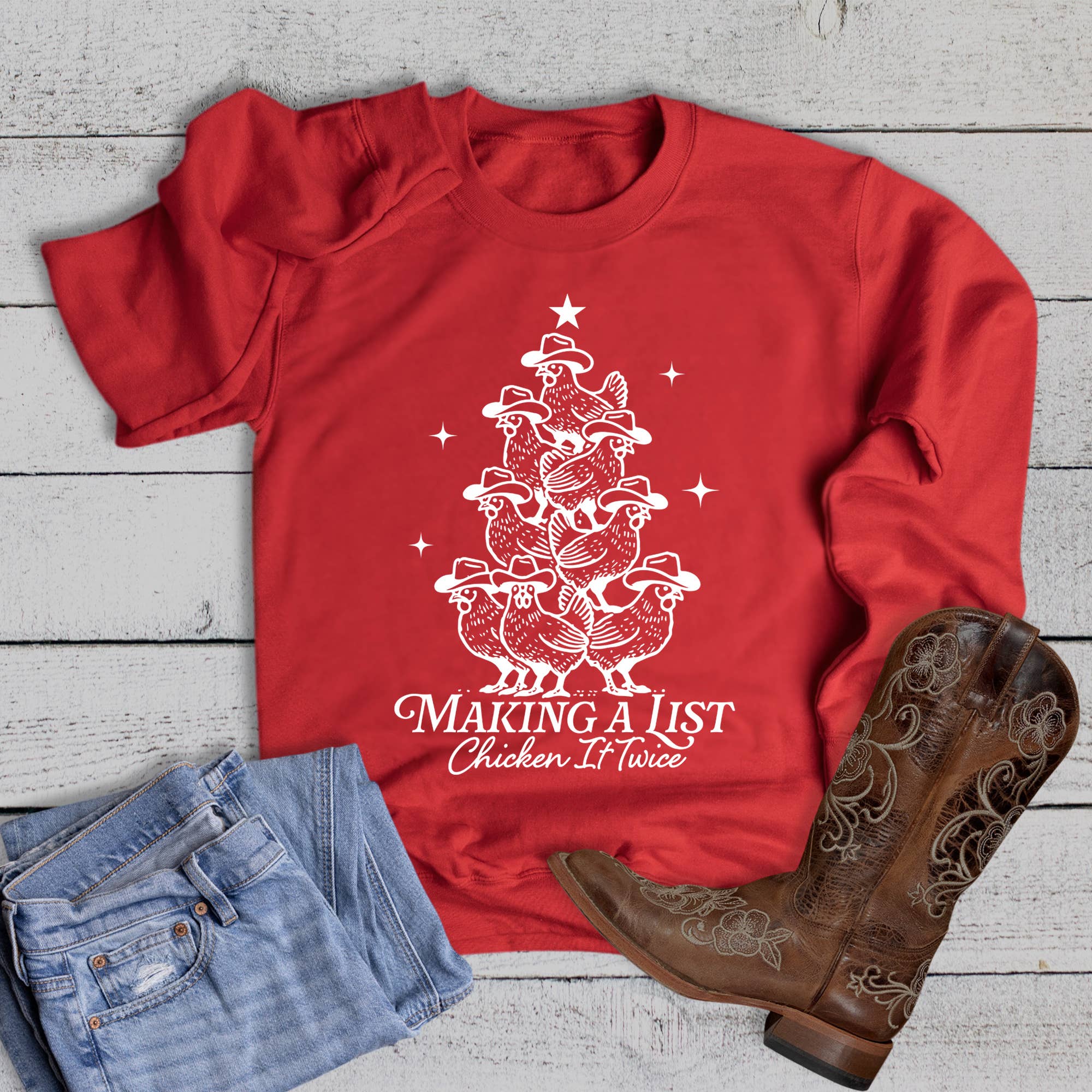Red Western Christmas Making a List Chicken Sweatshirt for wholesale on Faire0