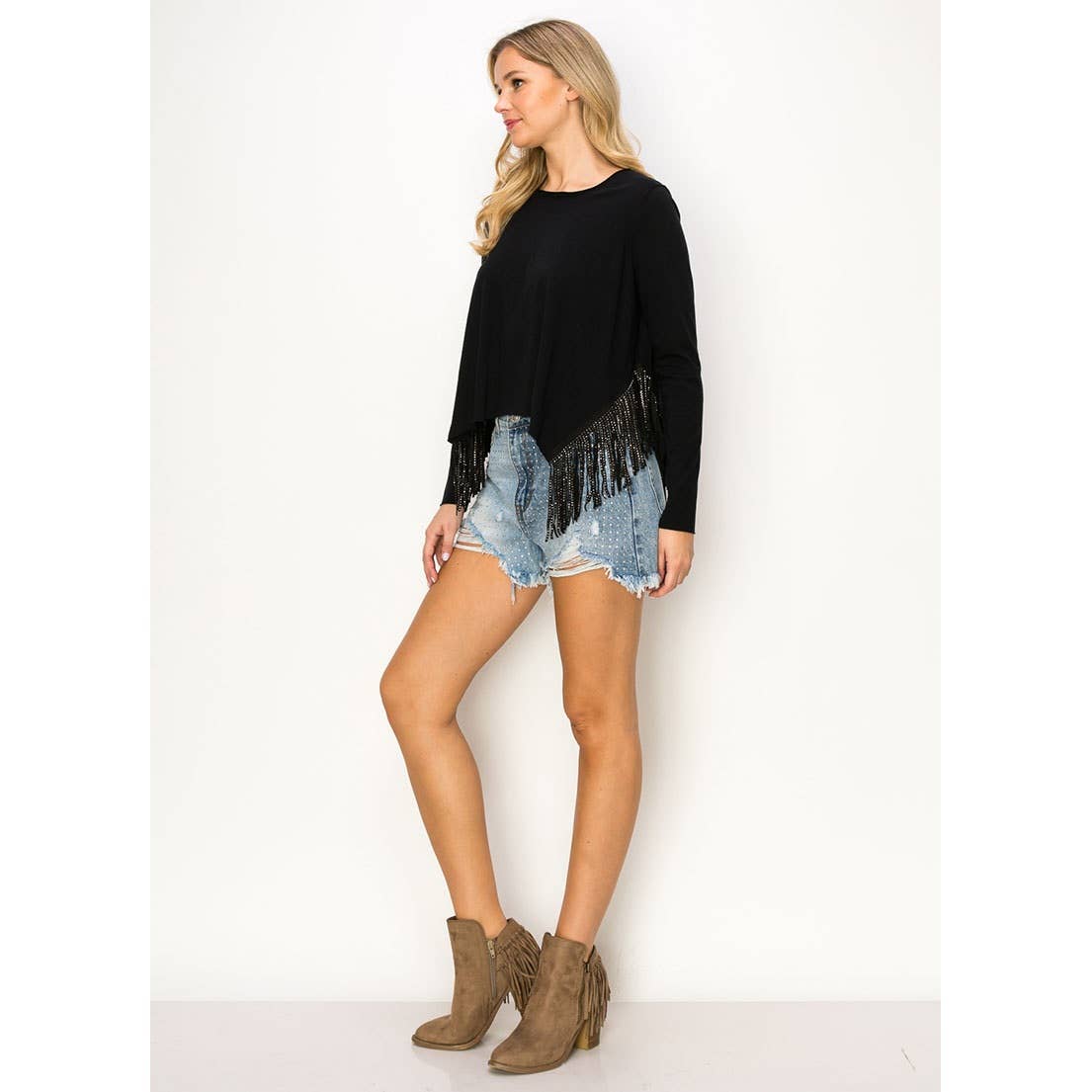 VOCAL - Vente Chemisier – femme - HAUT À MANCHES LONGUES DE STYLE OCCIDENTAL ET BORDURE À FRANGES2