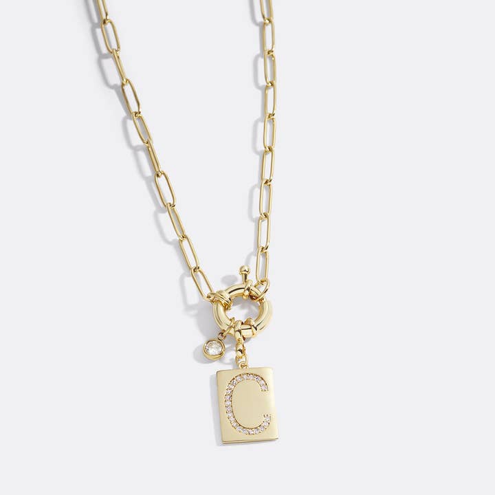 k Gold Plated Pave Initial Pendant Necklace with Paperclip Chain for wholesale on Faire4