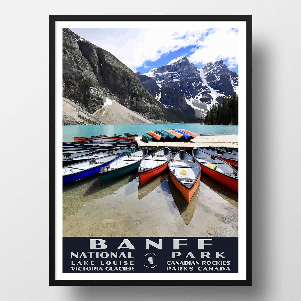Just Go Travel Studios - Vente Poster - Affiche du parc national de Banff, WPA (canoës sur le lac Moraine) - WS1