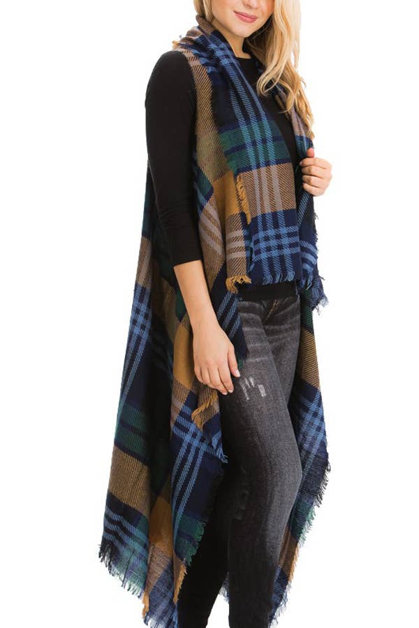 Cap Zone - Vente Veste sans manches – femme - Gilet cardigan long à carreaux et effilochés Madras2