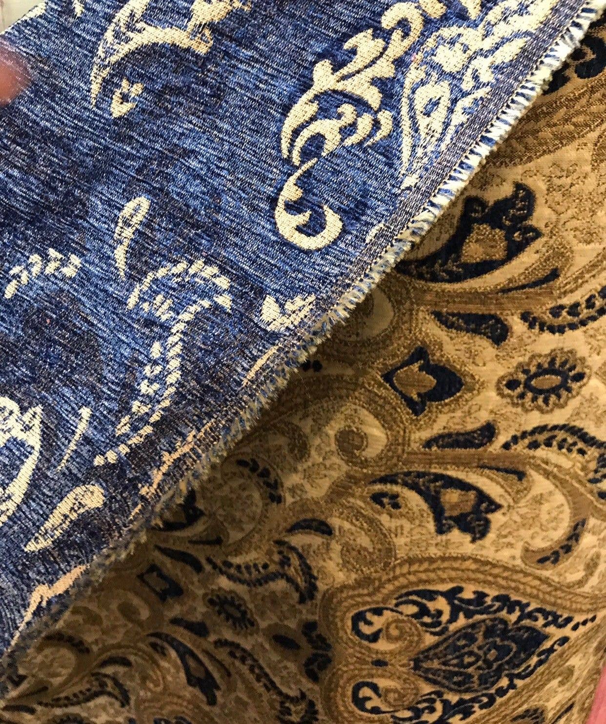 Fancy Styles Fabric - Wholesale Fabric - SWATCH Designer Upholstery Chenille Velvet Fabric - Blue Gold6