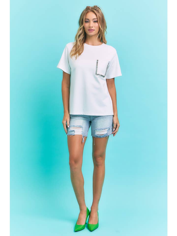 White Knit T-shirt With Embellished Chest Pocket for wholesale on Faire2