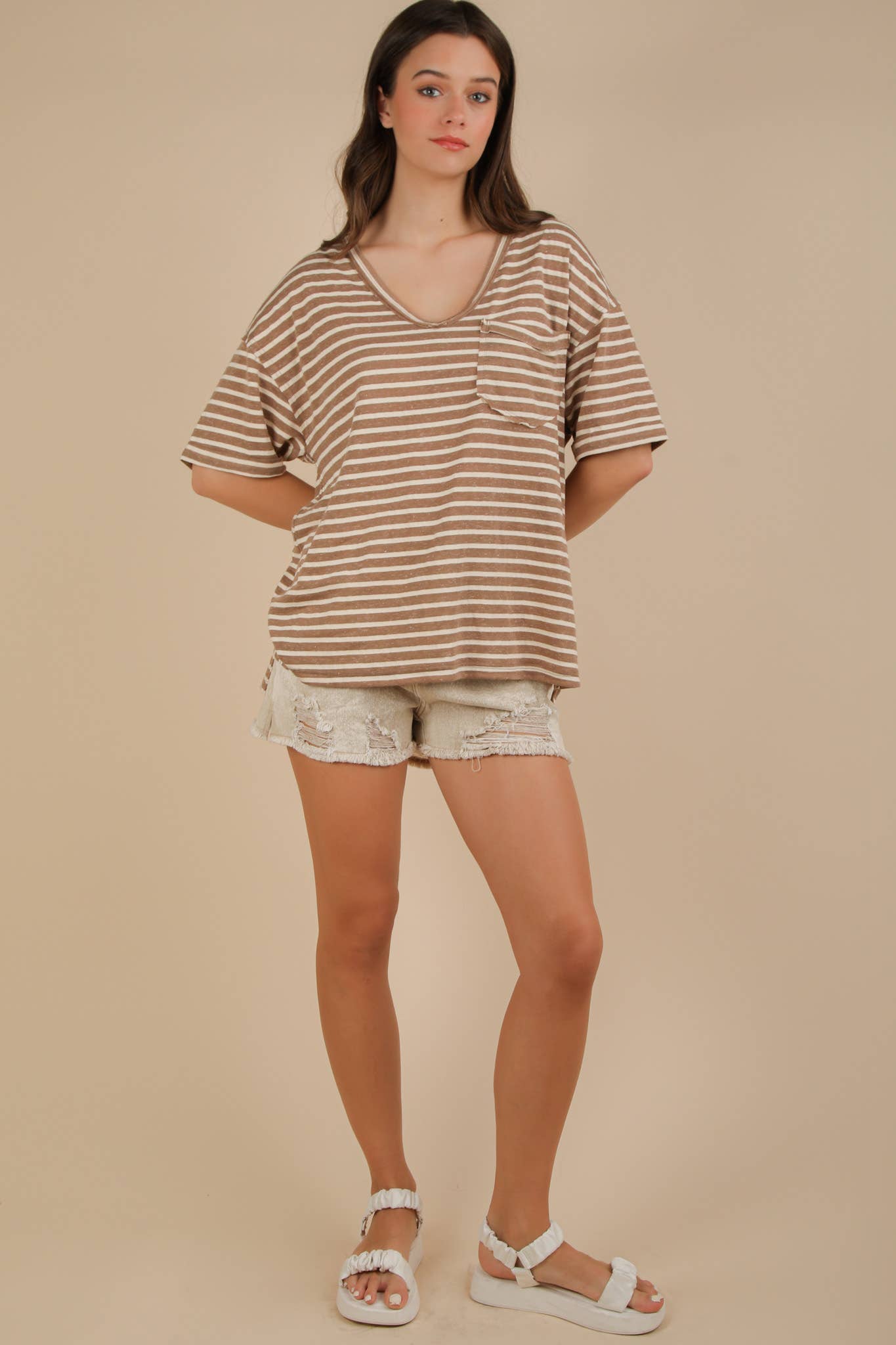 VERY J - Wholesale Knit Top - Women's - NT12167-Oversized Stripe Casual V-Neck Knit Top15