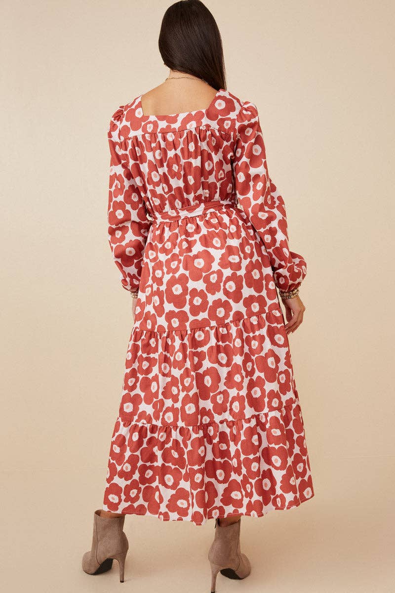 Mauve Womens Bold Floral Print Belted Square Neck Dress for wholesale on Faire4