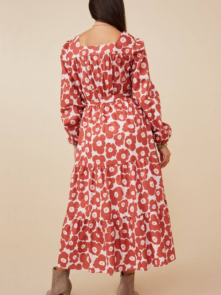 Malva Vestido con cuello cuadrado con cinturón y estampado floral atrevido para mujer de venta al por mayor en Faire4