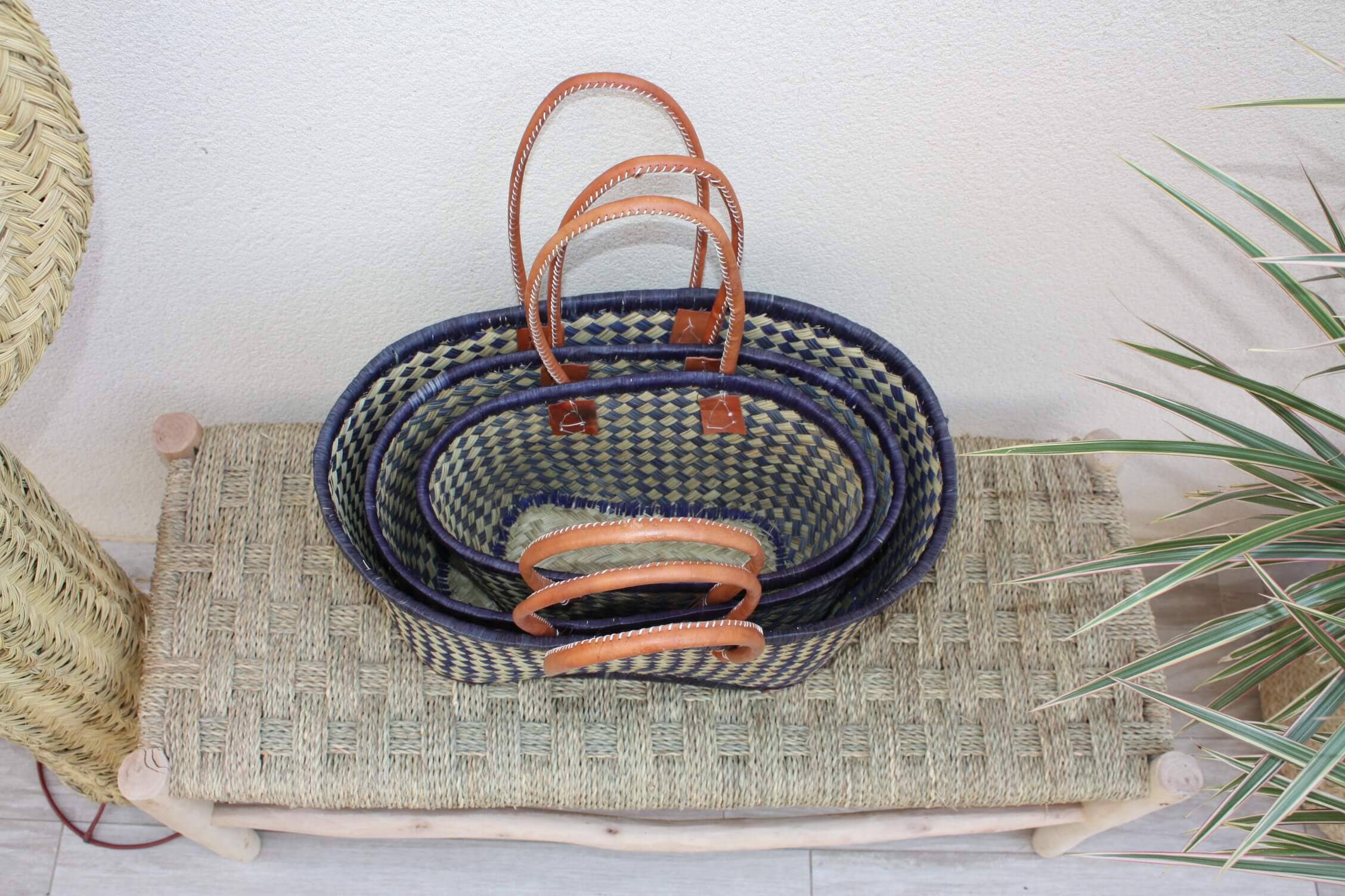 Boutique Huléti - Wholesale Grocery/Shopping Bag - Beautiful shopping basket - MADAGASCAR - DAMIER Blue & Natural Tote Bag - Handmade - 3 sizes to choose from - beach wicker straw4
