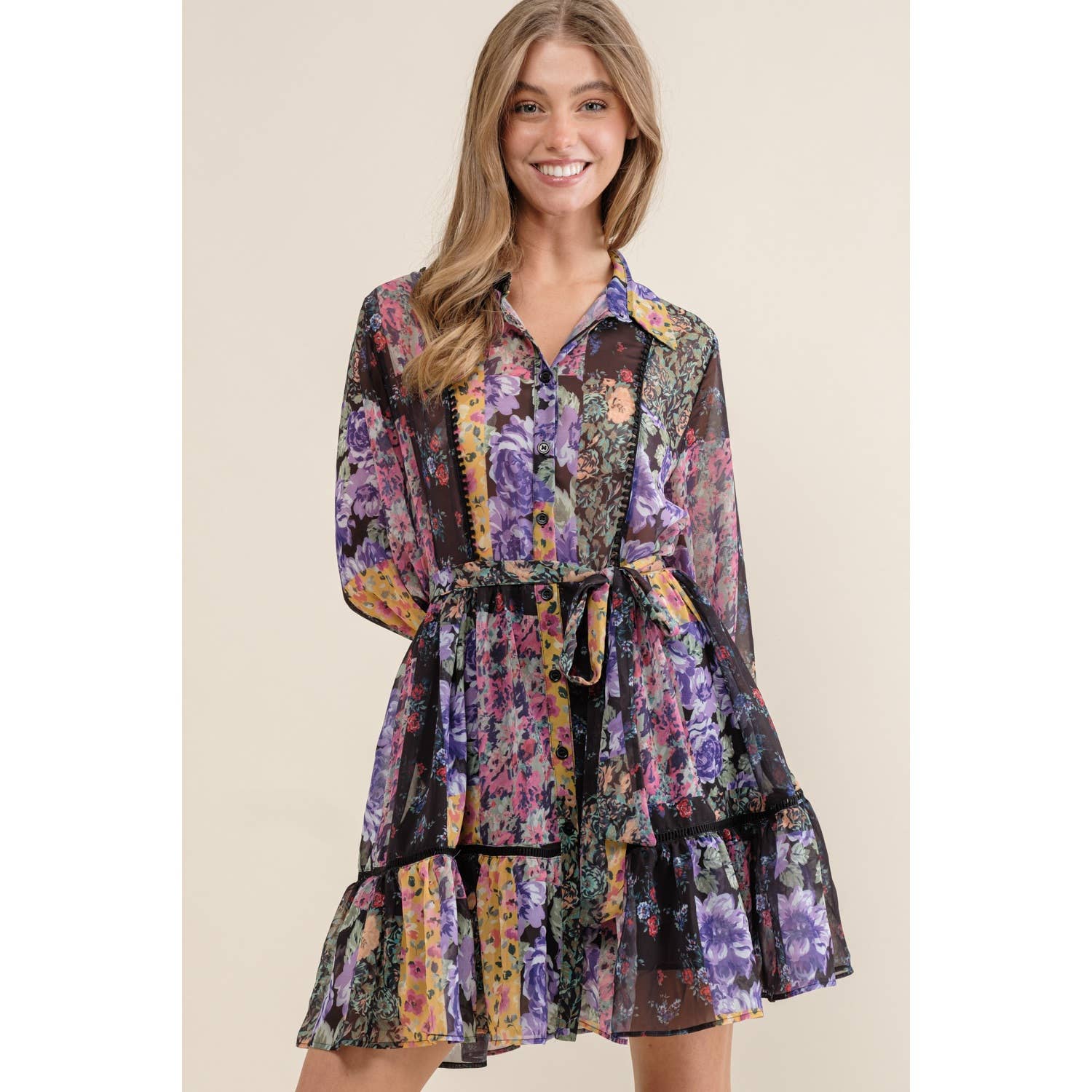 Sweet Generis – wholesale Dress – Women's – FLOWER PRINT LONG SLEEVE SHIRT DRESS12