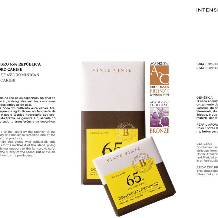 Vinte Vinte Chocolate - Wholesale Chocolate Bar - INTENSITY DARK CHOCOLATE 65% DOMINICAN REPUBLIC 50G1