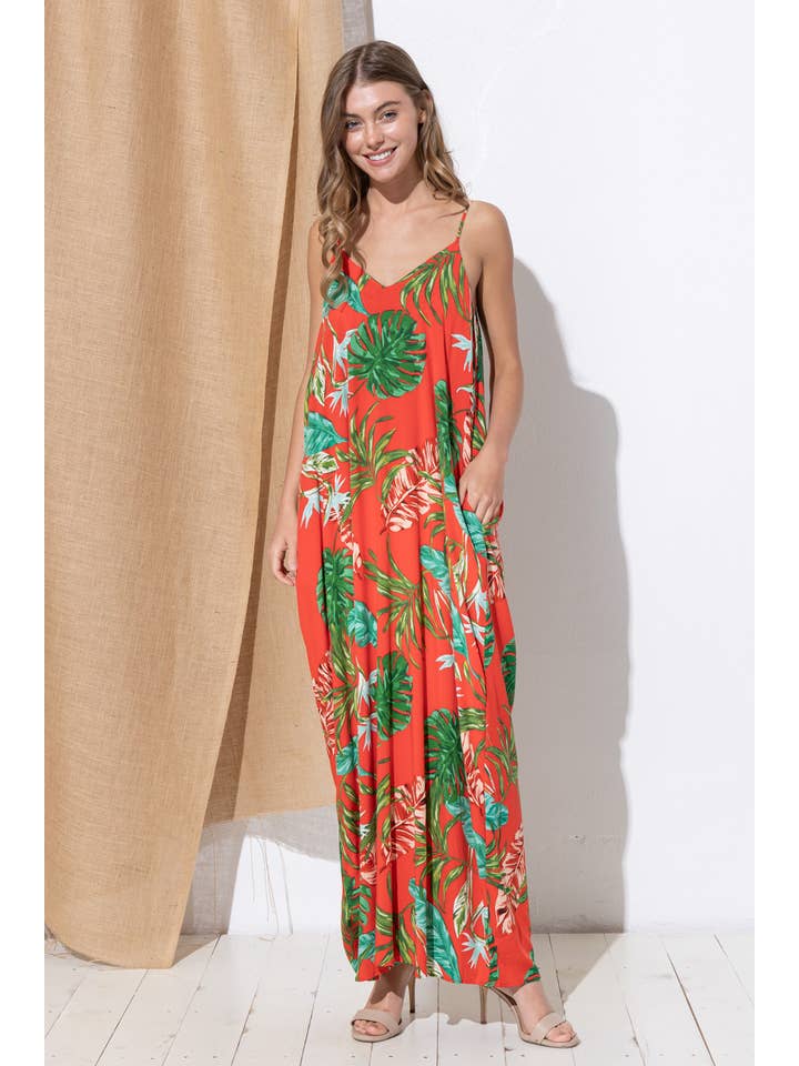 Bloidy - Wholesale Dress - Women's - Palm Leaf Tropical Floral Print Maxi Dress - C967634