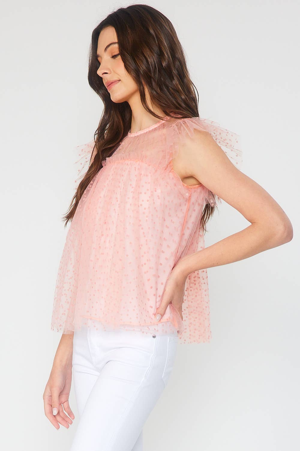 FSL Apparel - Wholesale Blouse - Women's - ST3753 - MINI DOT FLOCKING MESH TULLE TOP3