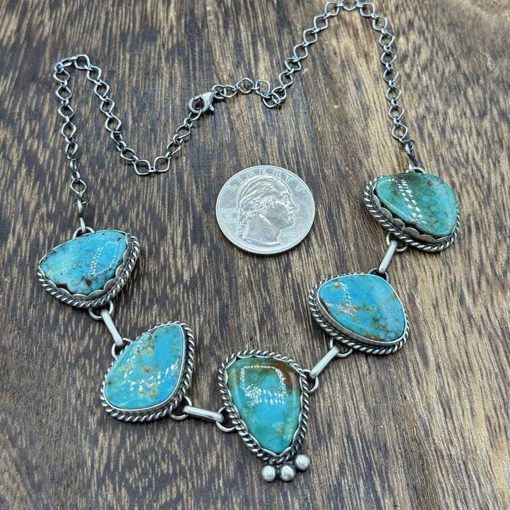 Native City Jewelry - Wholesale Choker/collar - Native Navajo Handmade Sterling Silver Kingman Turquoise Choker Necklace 15”1