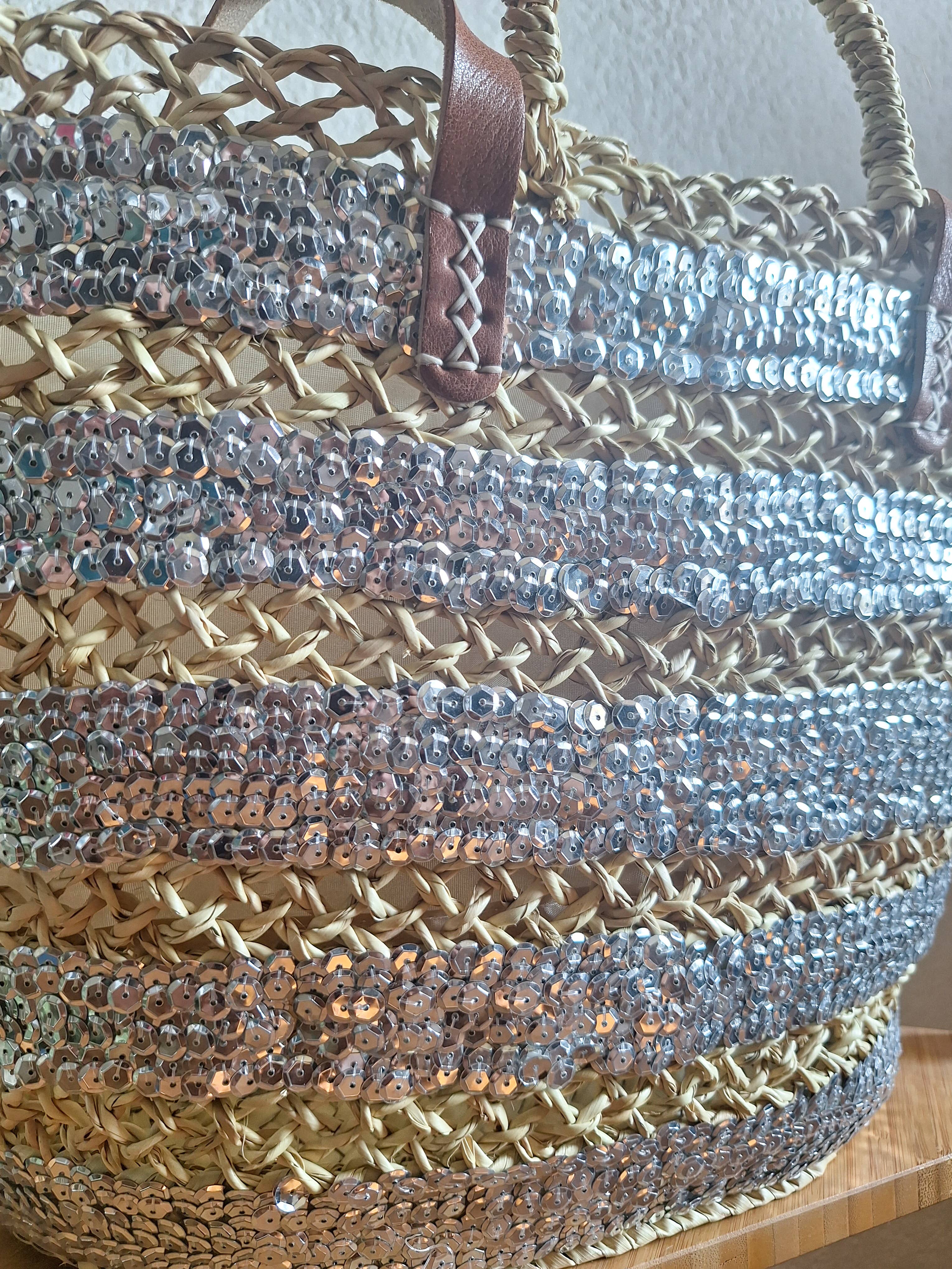 LeBazare - Vendita all'ingrosso Borsa da spiaggia - Borsa shopper in paglia ricamata con paillettes grigie5