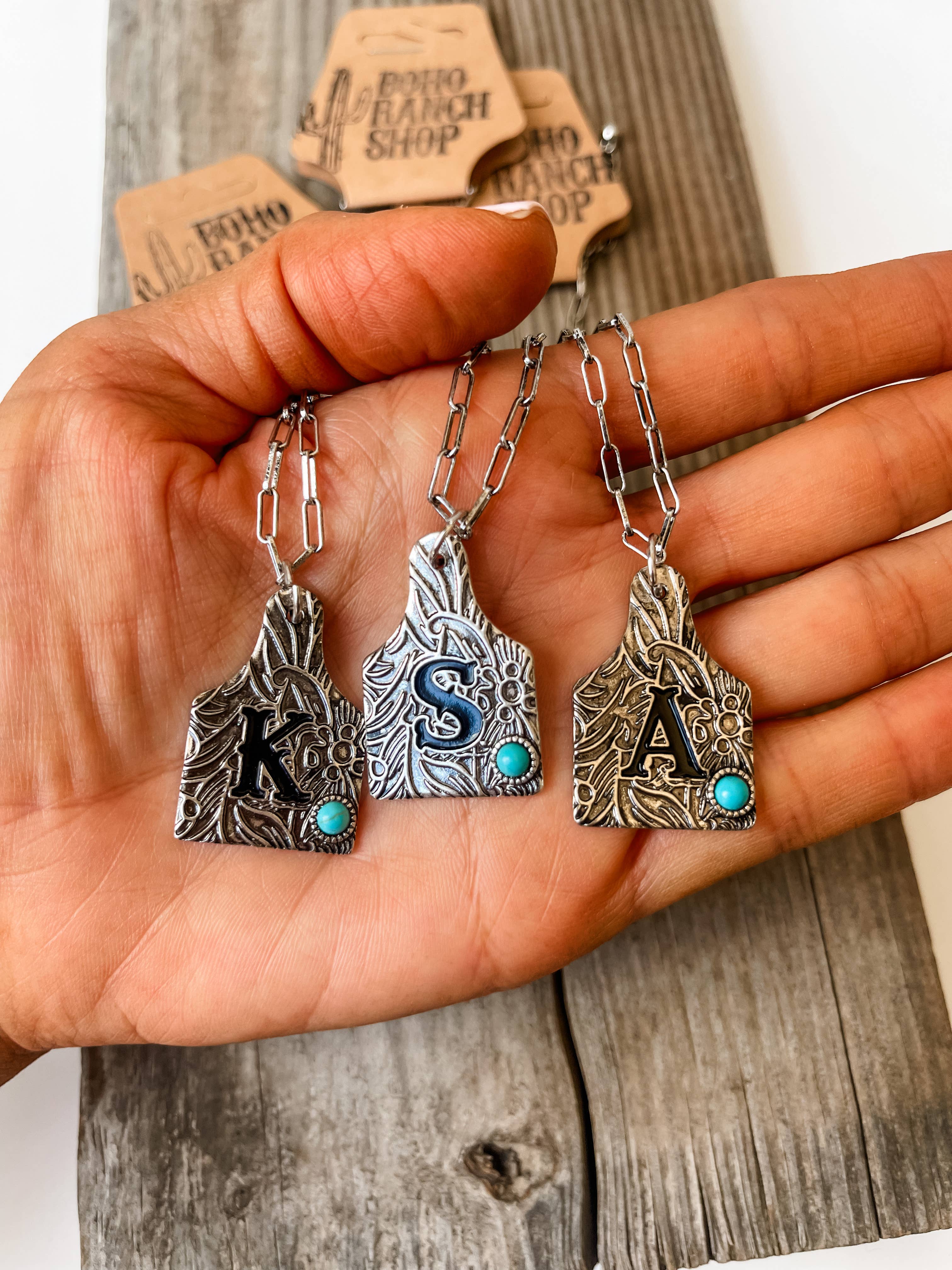 Boho Ranch Shop - Wholesale Pendant/Charm Necklace - Initial Ear Tag Necklace - Turquoise Stone Pendant