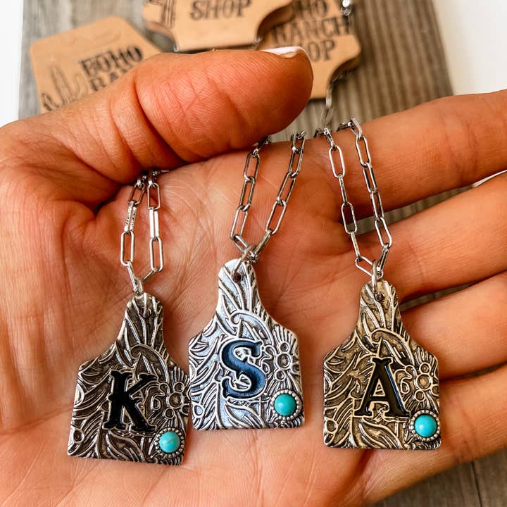 Boho Ranch Shop - Wholesale Pendant/Charm Necklace - Initial Ear Tag Necklace - Turquoise Stone Pendant0