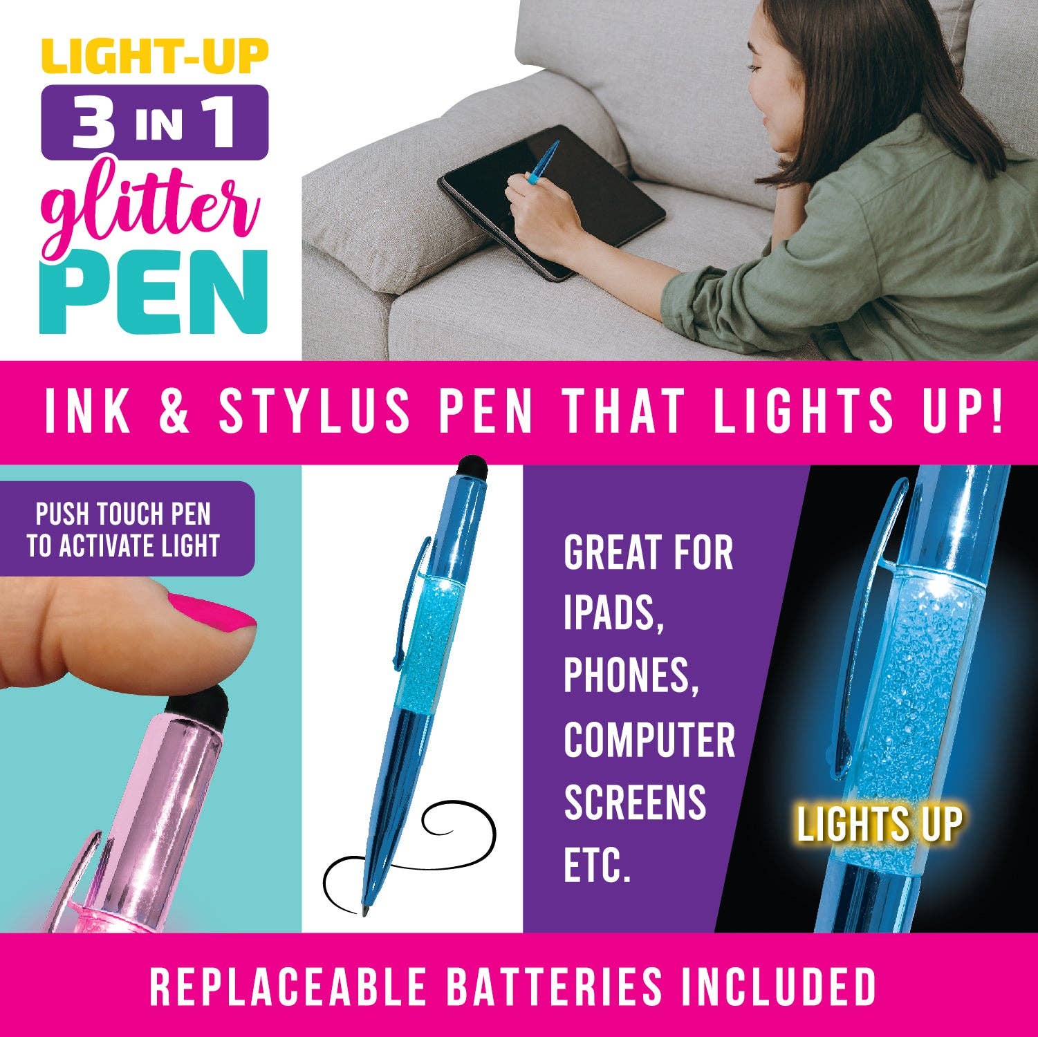 Novelty Closeout - Wholesale Pen - Glitter Pen with LED Light and Stylus Assortment- 12/Pack1