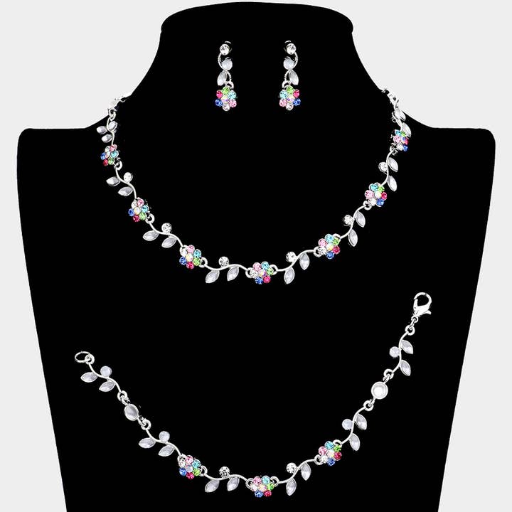 3PCS - Flower Leaf Cluster Rhinestone Necklace Jewelry Set for wholesale by Sensibling Corp.