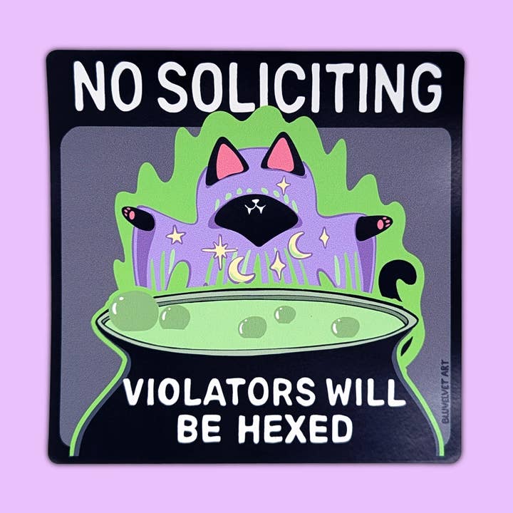 No Soliciting Witchy Kitty Window Cling Square Design (Violators Will Be Hexed) for wholesale by BluVelvetArt