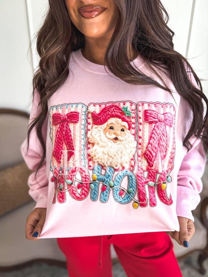 Faux Yarn Santa Graphic Cewneck on Light Pink for wholesale by birdie