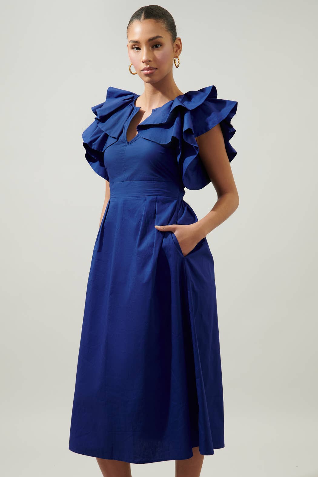 Wholesale Santana Ruffle Sleeve Tie Back Midi Dress for your store - Faire