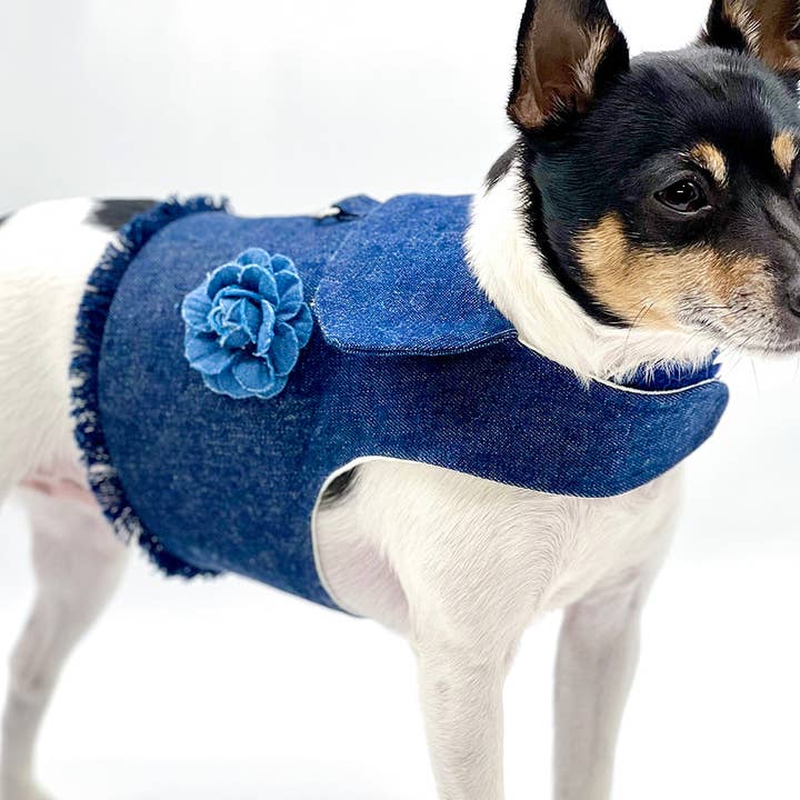DCNY Denim Flower Harness Vest for wholesale by DoggieCoutureNY