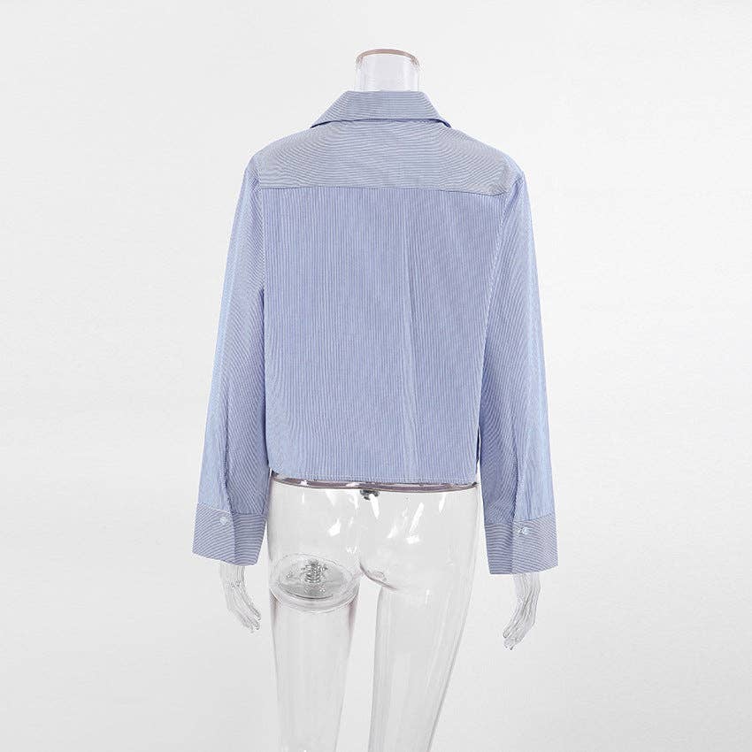 Bleu Chemise courte rayée à manches longues pour femmes SKT270 en vente sur Faire10