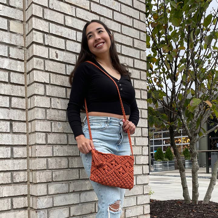 White N2273 Val Macrame Crossbody Bag with Tassel for wholesale on Faire0