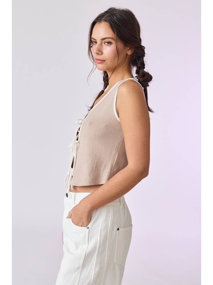 Taupe White PT50405 - Audrey Front Tie Sweater Knit Top for wholesale on Faire