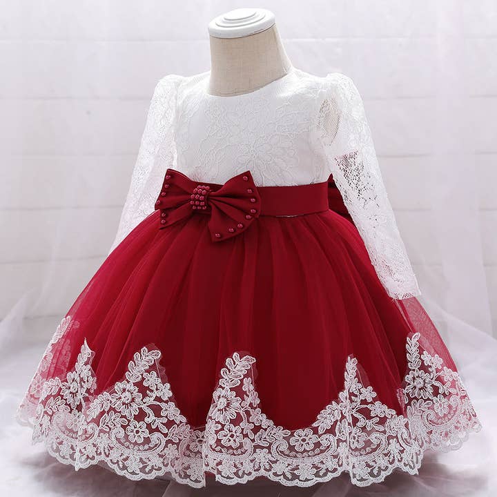 MyKids-USA® - Wholesale Dress - Baby - Baby Girl Bow Patched Design Long Sleeves Full Moon Christening Mesh Formal Dress