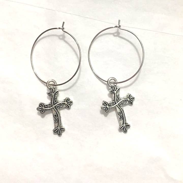 Antique Floral Cross on Silver Plated 25mm Hoop for wholesale by Saving Grace Boutique