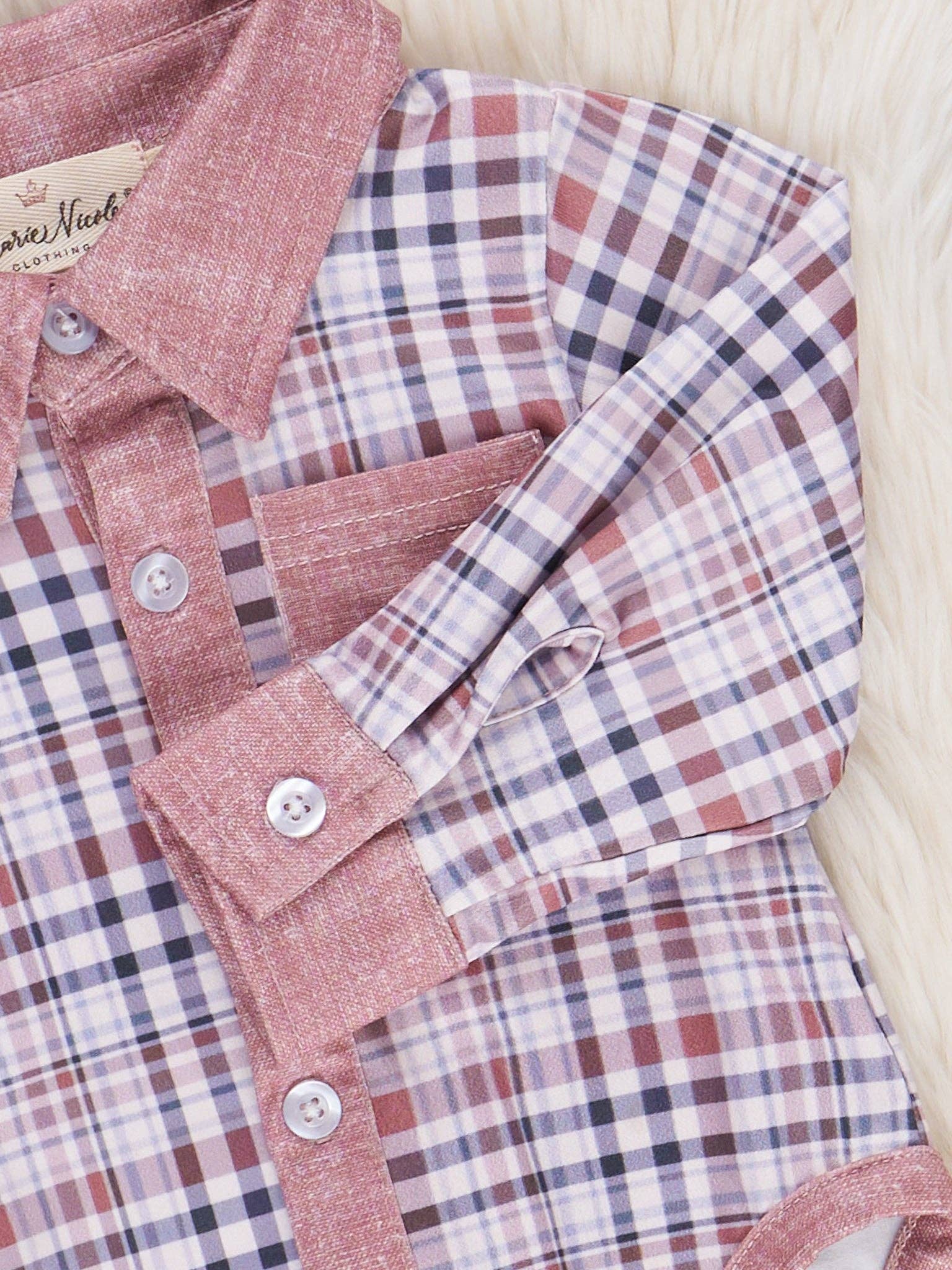 Marie Nicole Clothing - Wholesale Jumpsuit - Baby - Pocket Button Up Plaid Bubble- Tan3