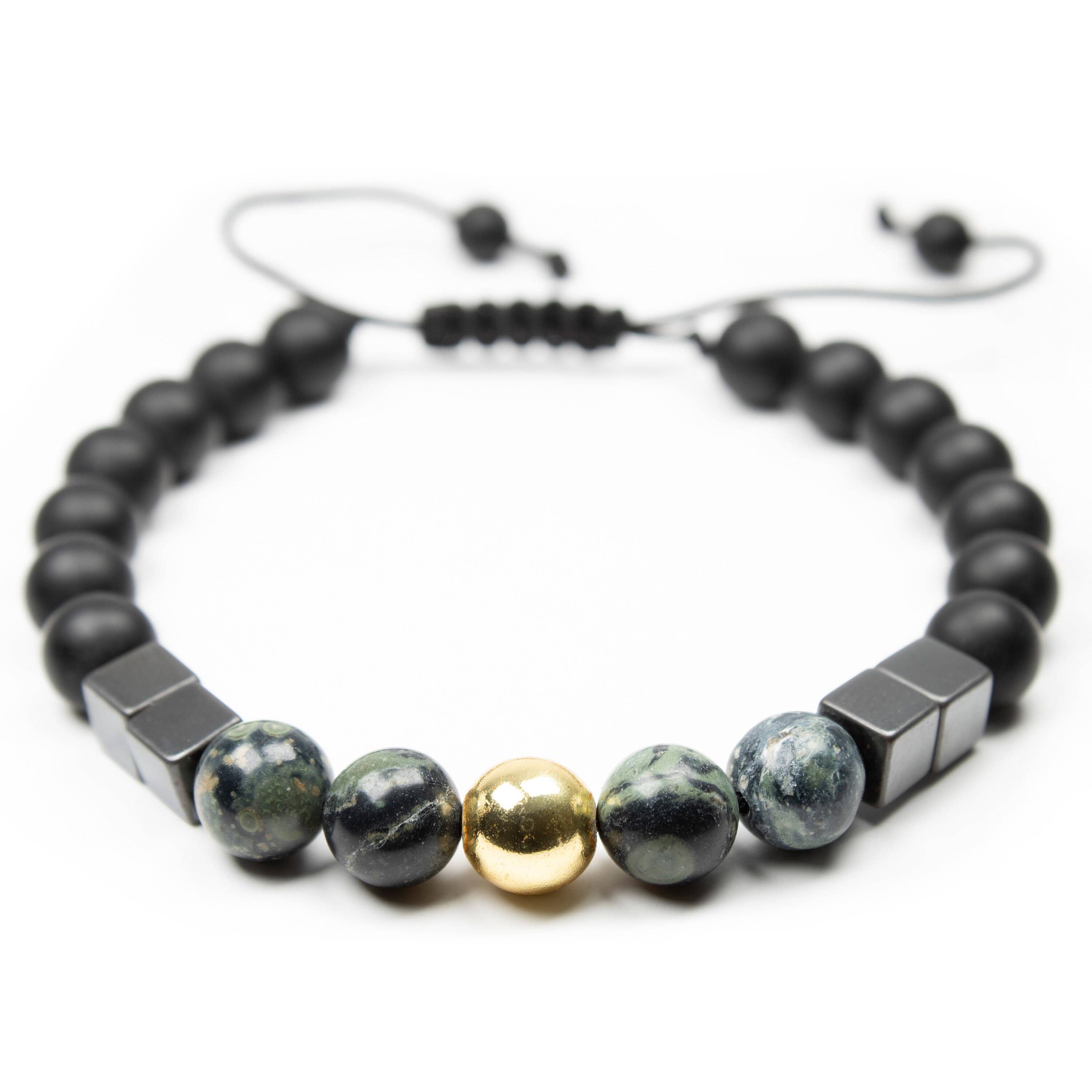 Mana Gallery – Pulseira de missangas por atacado – Elegância Terrena: Ónix, Jaspe Kambaba e Hematita Cúbica3