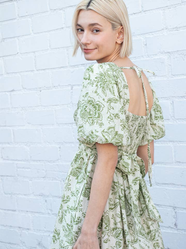 Bubble Sleeve Textured Floral Print Wide Flare Tiered Dress for wholesale by Elloh Collection