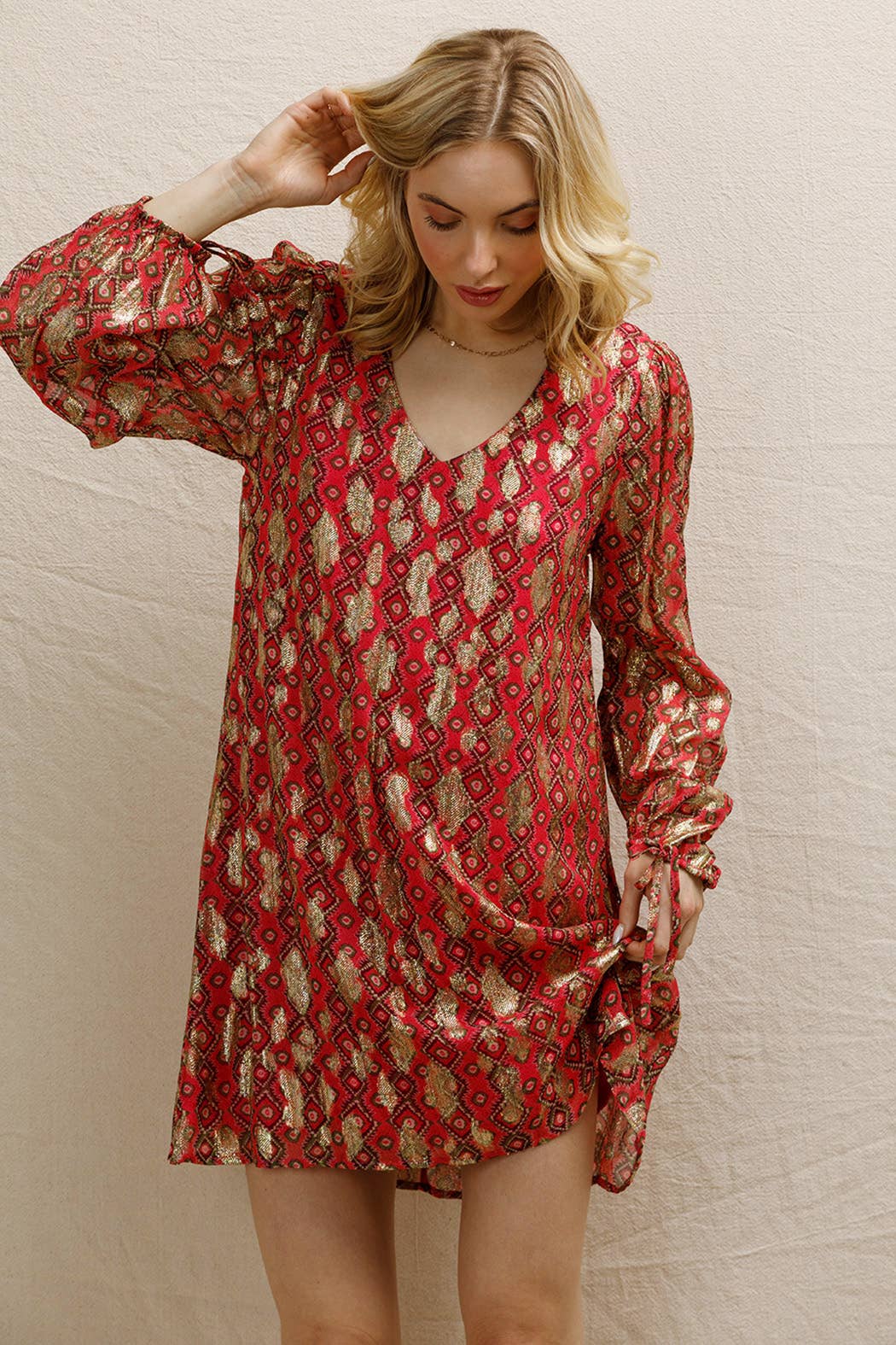 Rose Multi Mini-robe à manches longues à pois en lurex en vente sur Faire5