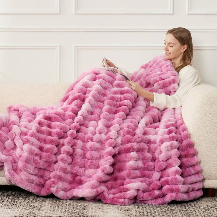 DreamValley - Wholesale Throw Blanket - CB Striped Faux Fur Warm Plush Throw Blanket, Tie-dye Color1