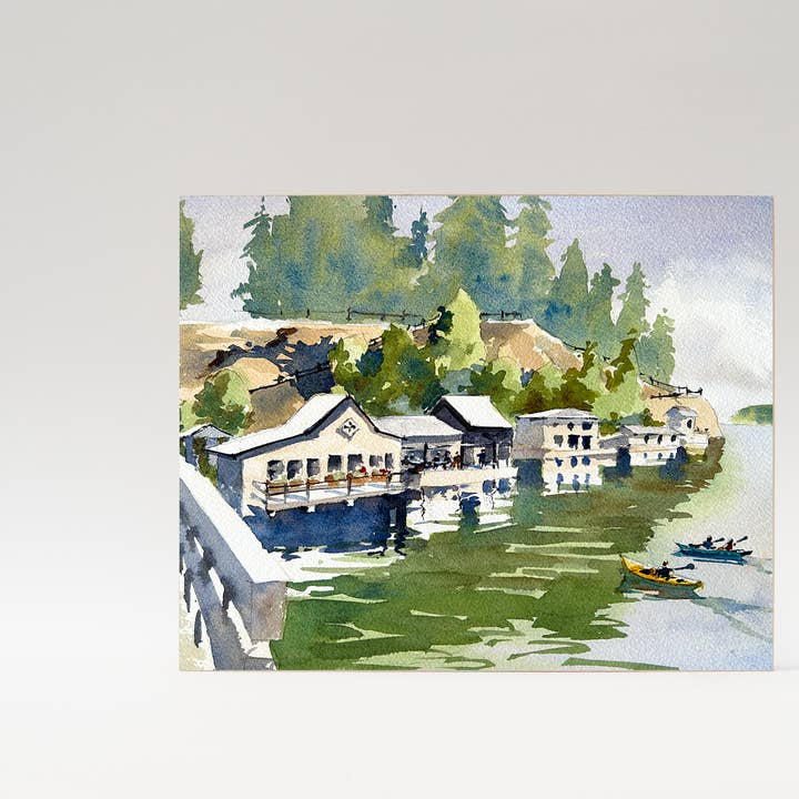 "Kayaking on the Olalla Bay" woodblock wall art for wholesale by Ina Xi Watercolor