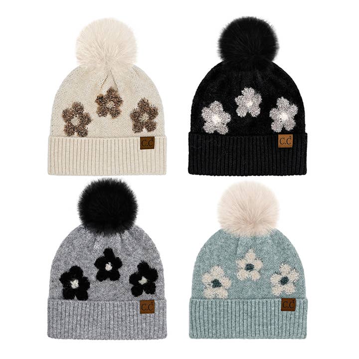 Fashion City - Wholesale Beanie - Women's - Daisy Patterned Cuff Beanie with Pom Pom