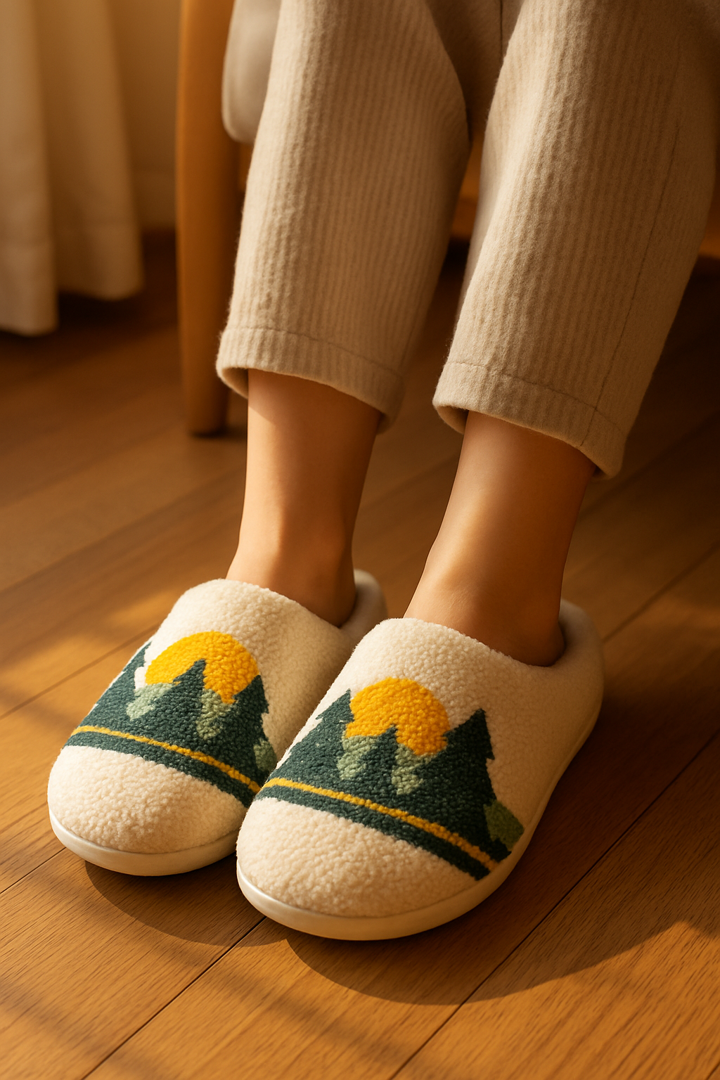 Northern Icons Creations INC – wholesale Slippers – Women's – Sunset Forest Fleece Slippers for Cozy Cabin Winter with Tree Sunset Embroidery1