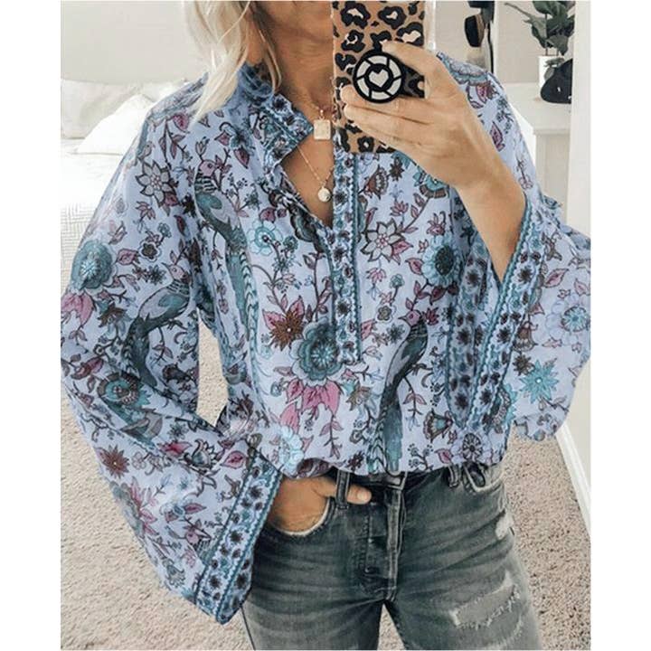 Rosa Clothing - Vente Chemisier – femme - Blouse ample à manches longues à imprimé bohème19