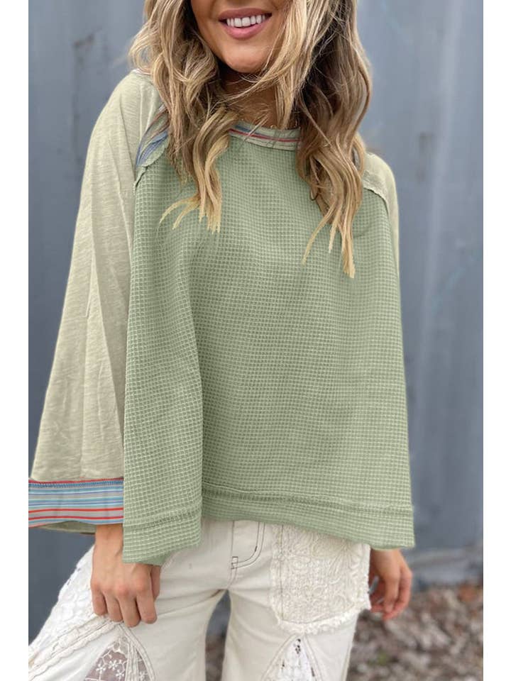 Meadow Mist Green Waffle Wide 3/4 Sleeve Top for wholesale on Faire