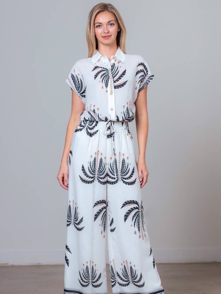 WT77216T-WP99125T-TROPISCH BEDRUKTE KORTE MOUWEN TOP & BROEK voor wholesale door Taelynn