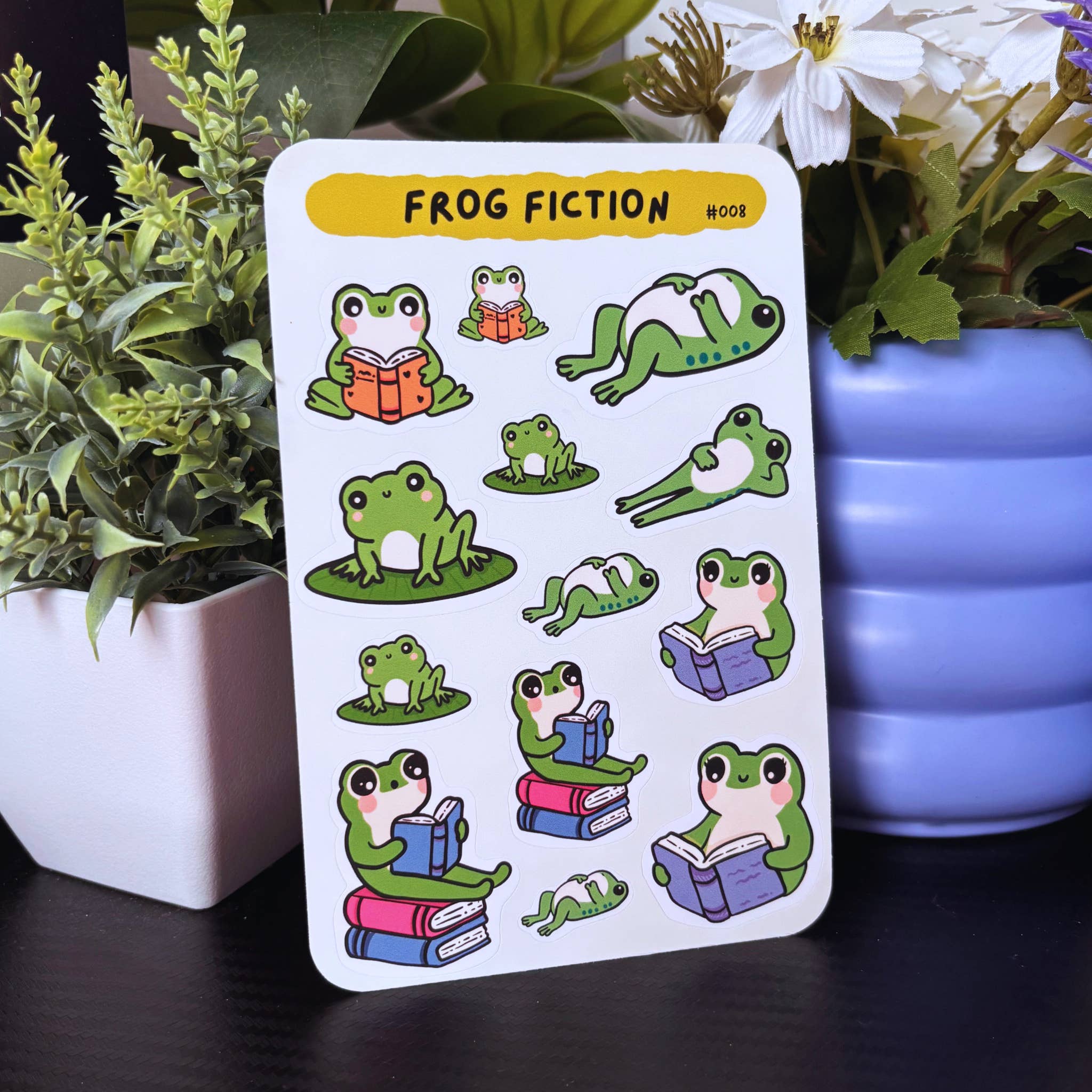 Drimsy Studio - Wholesale Sticker - Frog Fiction Sticker Sheet #08 | Silly Frogs Reading and Lounging | Bookworm Gifts