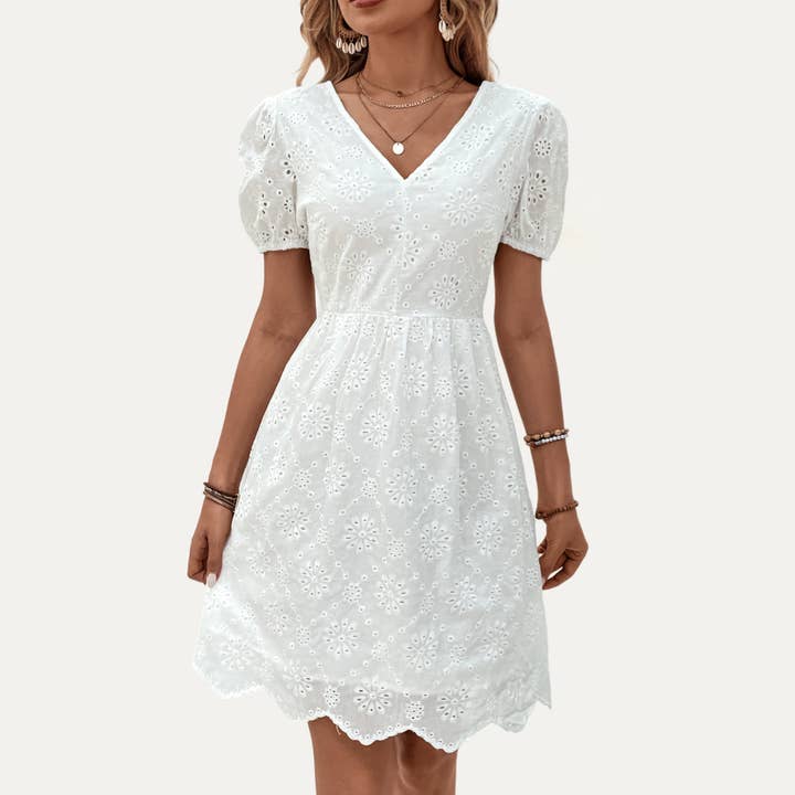 Simple White Pierced V-Neck Short Sleeve Mini Dress for wholesale by The Moment Collection